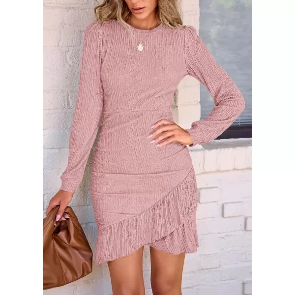 imagePRETTYGARDEN Womens Fall Ruched Bodycon Mini Dress Long Puff Sleeve Ruffle Fitted Cocktail Party DressesPink