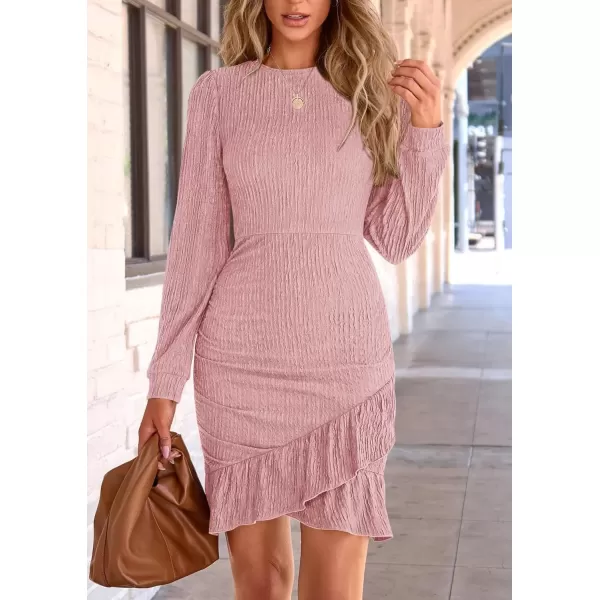 imagePRETTYGARDEN Womens Fall Ruched Bodycon Mini Dress Long Puff Sleeve Ruffle Fitted Cocktail Party DressesPink