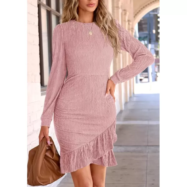 imagePRETTYGARDEN Womens Fall Ruched Bodycon Mini Dress Long Puff Sleeve Ruffle Fitted Cocktail Party DressesPink