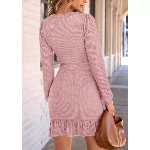 imagePRETTYGARDEN Womens Fall Ruched Bodycon Mini Dress Long Puff Sleeve Ruffle Fitted Cocktail Party DressesPink