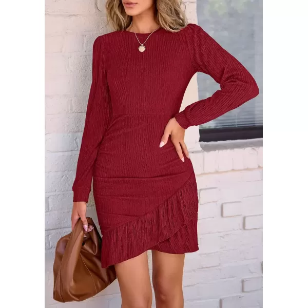 imagePRETTYGARDEN Womens Fall Ruched Bodycon Mini Dress Long Puff Sleeve Ruffle Fitted Cocktail Party DressesRed