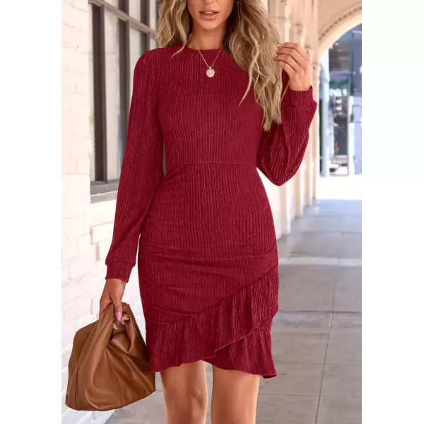 imagePRETTYGARDEN Womens Fall Ruched Bodycon Mini Dress Long Puff Sleeve Ruffle Fitted Cocktail Party DressesRed