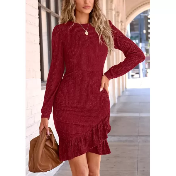 imagePRETTYGARDEN Womens Fall Ruched Bodycon Mini Dress Long Puff Sleeve Ruffle Fitted Cocktail Party DressesRed