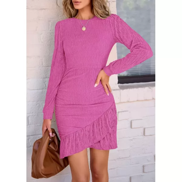imagePRETTYGARDEN Womens Fall Ruched Bodycon Mini Dress Long Puff Sleeve Ruffle Fitted Cocktail Party DressesRose Pink