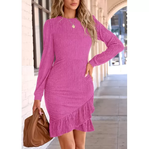 imagePRETTYGARDEN Womens Fall Ruched Bodycon Mini Dress Long Puff Sleeve Ruffle Fitted Cocktail Party DressesRose Pink
