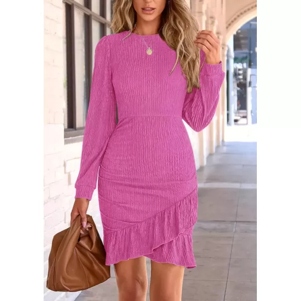 imagePRETTYGARDEN Womens Fall Ruched Bodycon Mini Dress Long Puff Sleeve Ruffle Fitted Cocktail Party DressesRose Pink