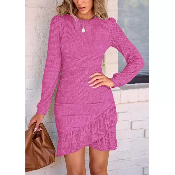 imagePRETTYGARDEN Womens Fall Ruched Bodycon Mini Dress Long Puff Sleeve Ruffle Fitted Cocktail Party DressesRose Pink