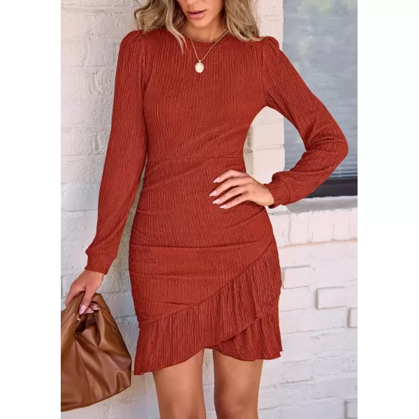 imagePRETTYGARDEN Womens Fall Ruched Bodycon Mini Dress Long Puff Sleeve Ruffle Fitted Cocktail Party DressesRust Red