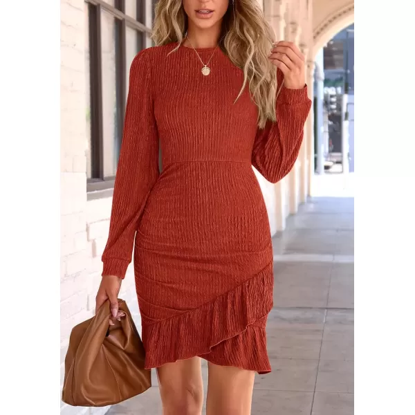 imagePRETTYGARDEN Womens Fall Ruched Bodycon Mini Dress Long Puff Sleeve Ruffle Fitted Cocktail Party DressesRust Red