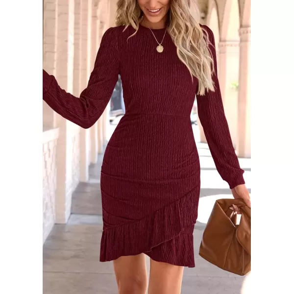 imagePRETTYGARDEN Womens Fall Ruched Bodycon Mini Dress Long Puff Sleeve Ruffle Fitted Cocktail Party DressesWine Red
