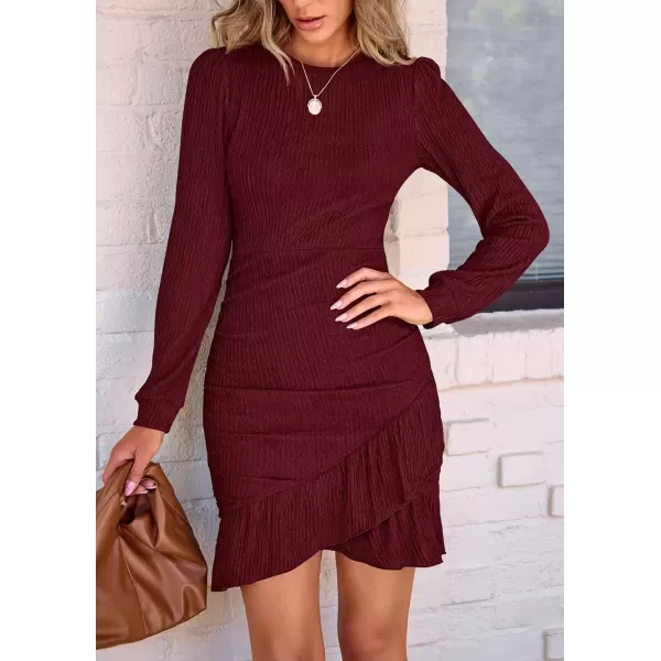 imagePRETTYGARDEN Womens Fall Ruched Bodycon Mini Dress Long Puff Sleeve Ruffle Fitted Cocktail Party DressesWine Red