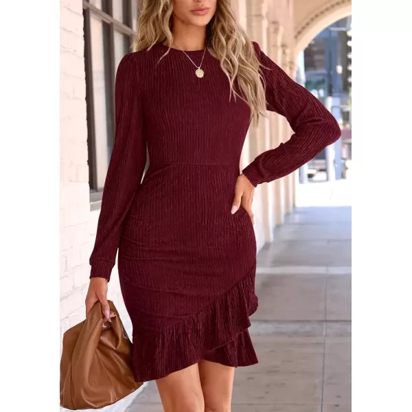 imagePRETTYGARDEN Womens Fall Ruched Bodycon Mini Dress Long Puff Sleeve Ruffle Fitted Cocktail Party DressesWine Red
