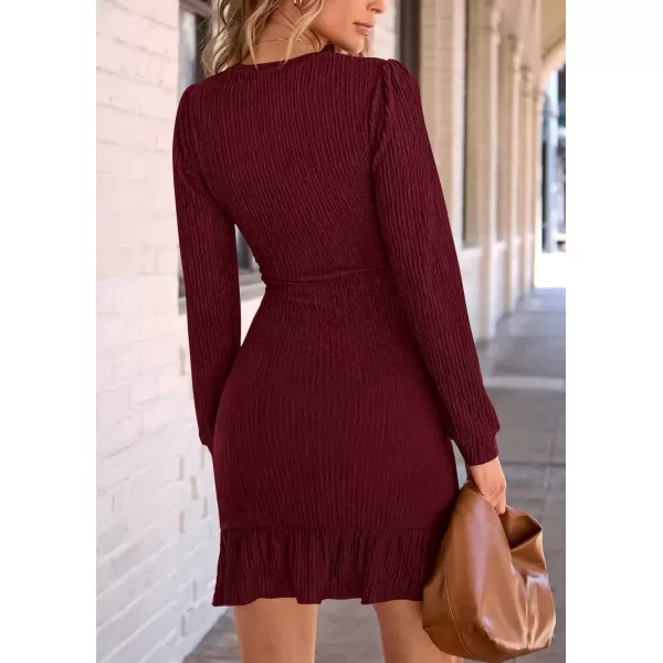 imagePRETTYGARDEN Womens Fall Ruched Bodycon Mini Dress Long Puff Sleeve Ruffle Fitted Cocktail Party DressesWine Red