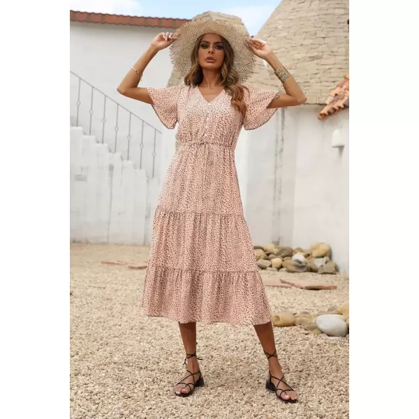 imagePRETTYGARDEN Womens Floral Boho Dress Casual Short Sleeve V Neck Ruffle Tiered 2024 Summer Swing Maxi DressesApricot