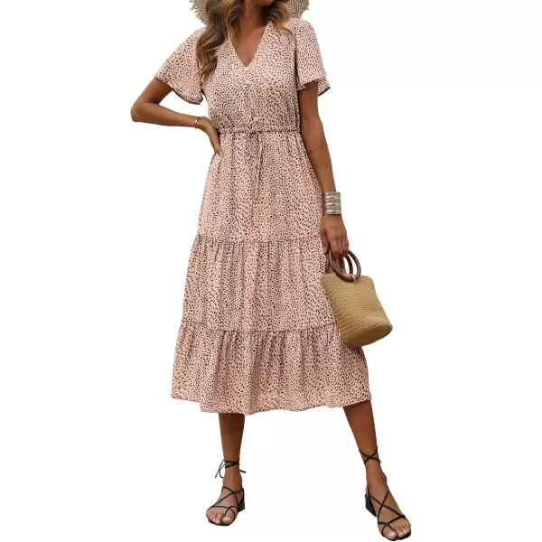 imagePRETTYGARDEN Womens Floral Boho Dress Casual Short Sleeve V Neck Ruffle Tiered 2024 Summer Swing Maxi DressesApricot