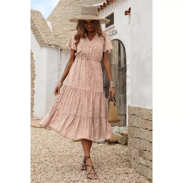imagePRETTYGARDEN Womens Floral Boho Dress Casual Short Sleeve V Neck Ruffle Tiered 2024 Summer Swing Maxi DressesApricot