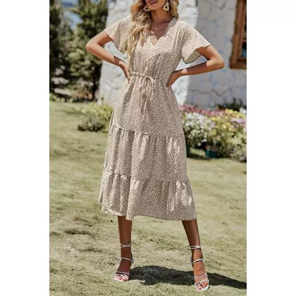 imagePRETTYGARDEN Womens Floral Boho Dress Casual Short Sleeve V Neck Ruffle Tiered 2024 Summer Swing Maxi DressesApricot Leopard