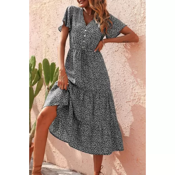 imagePRETTYGARDEN Womens Floral Boho Dress Casual Short Sleeve V Neck Ruffle Tiered 2024 Summer Swing Maxi DressesBlack Floral