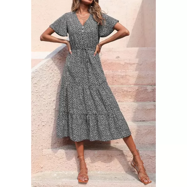 imagePRETTYGARDEN Womens Floral Boho Dress Casual Short Sleeve V Neck Ruffle Tiered 2024 Summer Swing Maxi DressesBlack Floral
