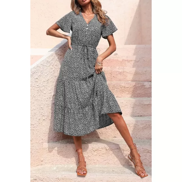 imagePRETTYGARDEN Womens Floral Boho Dress Casual Short Sleeve V Neck Ruffle Tiered 2024 Summer Swing Maxi DressesBlack Floral
