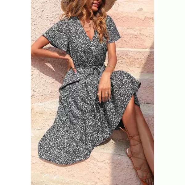 imagePRETTYGARDEN Womens Floral Boho Dress Casual Short Sleeve V Neck Ruffle Tiered 2024 Summer Swing Maxi DressesBlack Floral