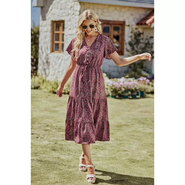 imagePRETTYGARDEN Womens Floral Boho Dress Casual Short Sleeve V Neck Ruffle Tiered 2024 Summer Swing Maxi DressesBlack Red Floral