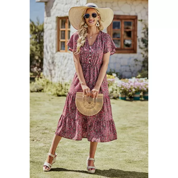 imagePRETTYGARDEN Womens Floral Boho Dress Casual Short Sleeve V Neck Ruffle Tiered 2024 Summer Swing Maxi DressesBlack Red Floral
