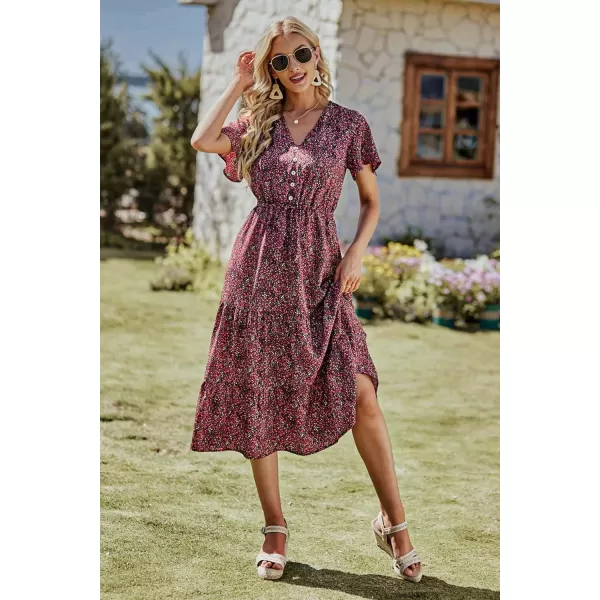 imagePRETTYGARDEN Womens Floral Boho Dress Casual Short Sleeve V Neck Ruffle Tiered 2024 Summer Swing Maxi DressesBlack Red Floral