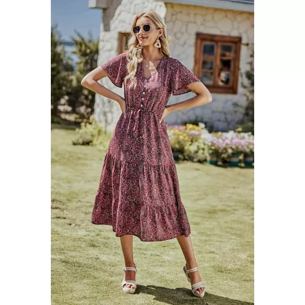 imagePRETTYGARDEN Womens Floral Boho Dress Casual Short Sleeve V Neck Ruffle Tiered 2024 Summer Swing Maxi DressesBlack Red Floral