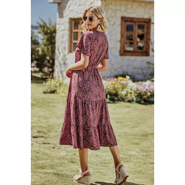imagePRETTYGARDEN Womens Floral Boho Dress Casual Short Sleeve V Neck Ruffle Tiered 2024 Summer Swing Maxi DressesBlack Red Floral