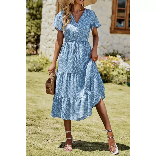 imagePRETTYGARDEN Womens Floral Boho Dress Casual Short Sleeve V Neck Ruffle Tiered 2024 Summer Swing Maxi DressesBlue