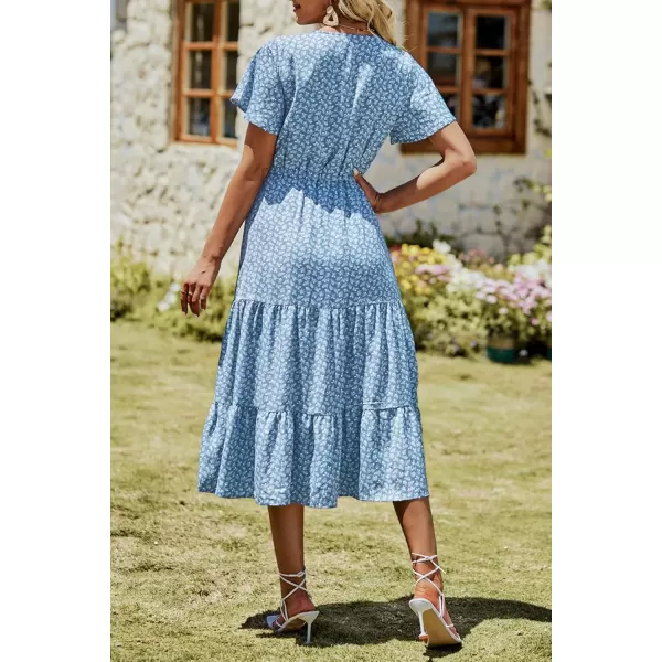 imagePRETTYGARDEN Womens Floral Boho Dress Casual Short Sleeve V Neck Ruffle Tiered 2024 Summer Swing Maxi DressesBlue