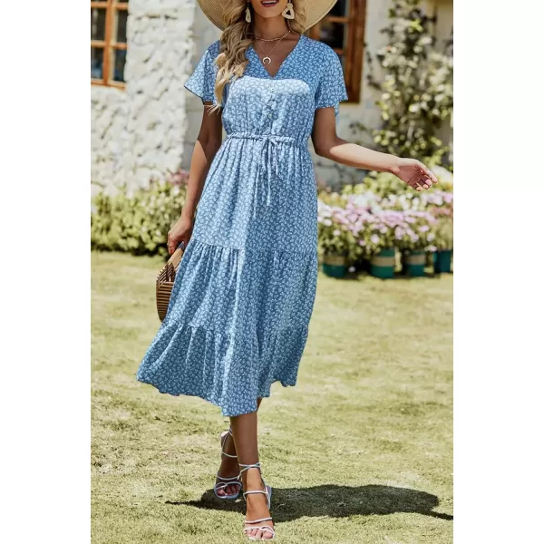 imagePRETTYGARDEN Womens Floral Boho Dress Casual Short Sleeve V Neck Ruffle Tiered 2024 Summer Swing Maxi DressesBlue