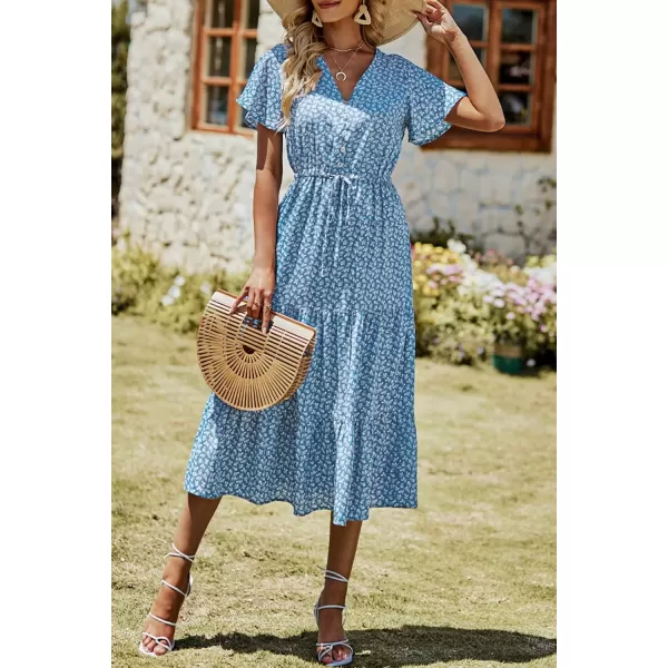imagePRETTYGARDEN Womens Floral Boho Dress Casual Short Sleeve V Neck Ruffle Tiered 2024 Summer Swing Maxi DressesBlue