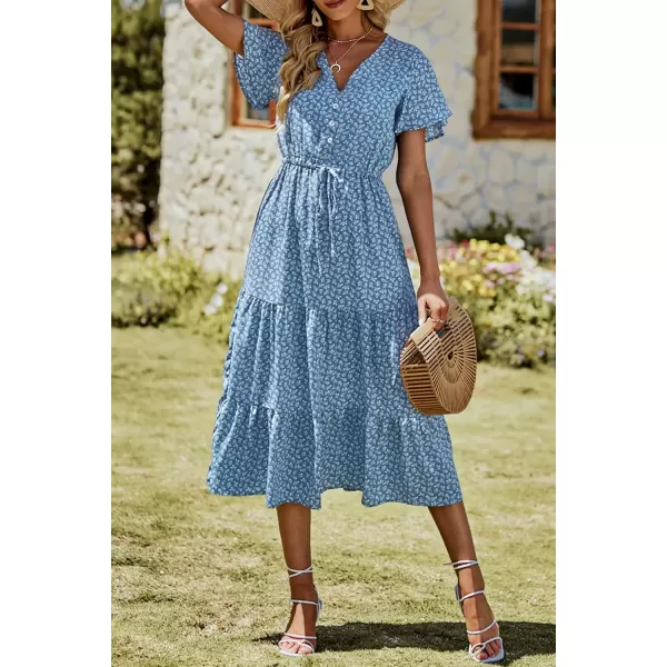 imagePRETTYGARDEN Womens Floral Boho Dress Casual Short Sleeve V Neck Ruffle Tiered 2024 Summer Swing Maxi DressesBlue