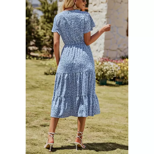 imagePRETTYGARDEN Womens Floral Boho Dress Casual Short Sleeve V Neck Ruffle Tiered 2024 Summer Swing Maxi DressesBlue White Floral