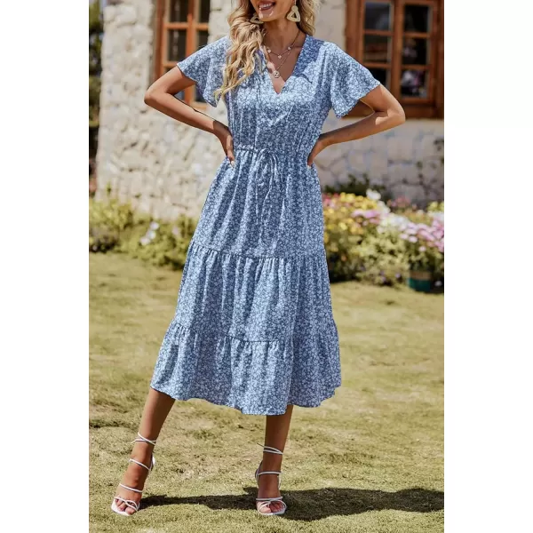imagePRETTYGARDEN Womens Floral Boho Dress Casual Short Sleeve V Neck Ruffle Tiered 2024 Summer Swing Maxi DressesBlue White Floral