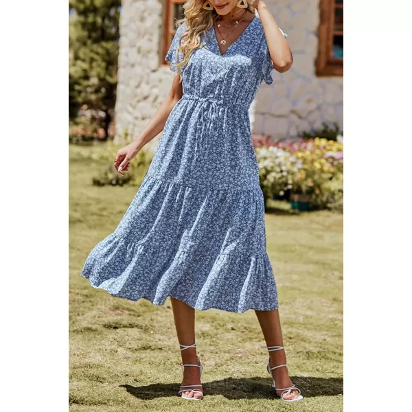 imagePRETTYGARDEN Womens Floral Boho Dress Casual Short Sleeve V Neck Ruffle Tiered 2024 Summer Swing Maxi DressesBlue White Floral