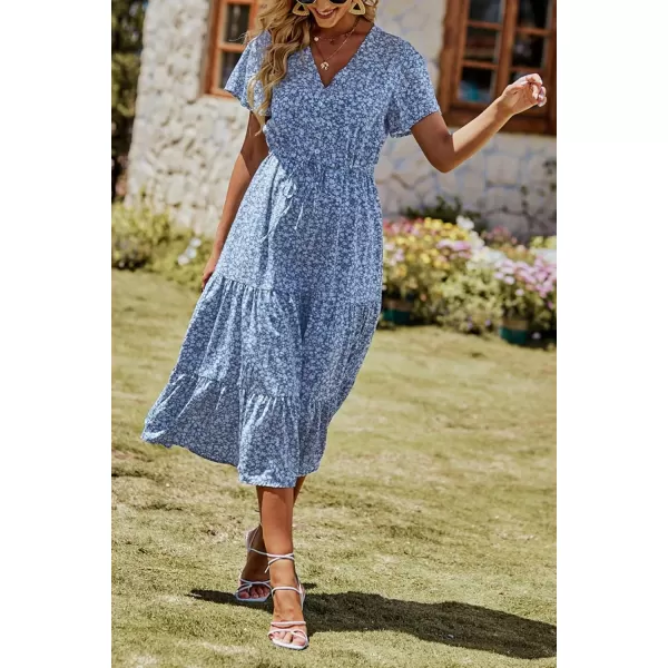 imagePRETTYGARDEN Womens Floral Boho Dress Casual Short Sleeve V Neck Ruffle Tiered 2024 Summer Swing Maxi DressesBlue White Floral