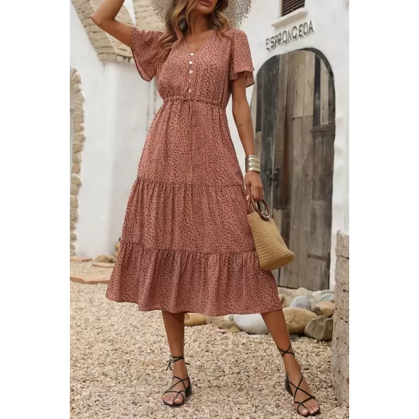 imagePRETTYGARDEN Womens Floral Boho Dress Casual Short Sleeve V Neck Ruffle Tiered 2024 Summer Swing Maxi DressesBrick Red