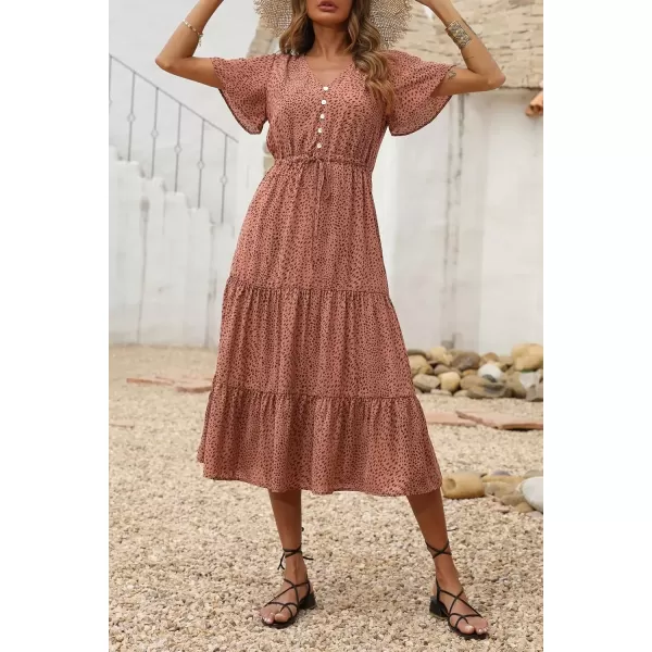 imagePRETTYGARDEN Womens Floral Boho Dress Casual Short Sleeve V Neck Ruffle Tiered 2024 Summer Swing Maxi DressesBrick Red