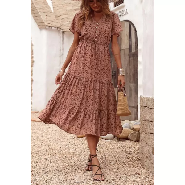 imagePRETTYGARDEN Womens Floral Boho Dress Casual Short Sleeve V Neck Ruffle Tiered 2024 Summer Swing Maxi DressesBrick Red