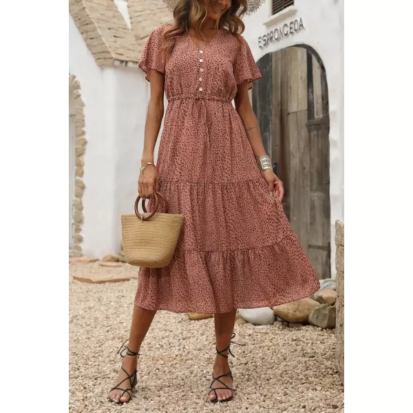imagePRETTYGARDEN Womens Floral Boho Dress Casual Short Sleeve V Neck Ruffle Tiered 2024 Summer Swing Maxi DressesBrick Red