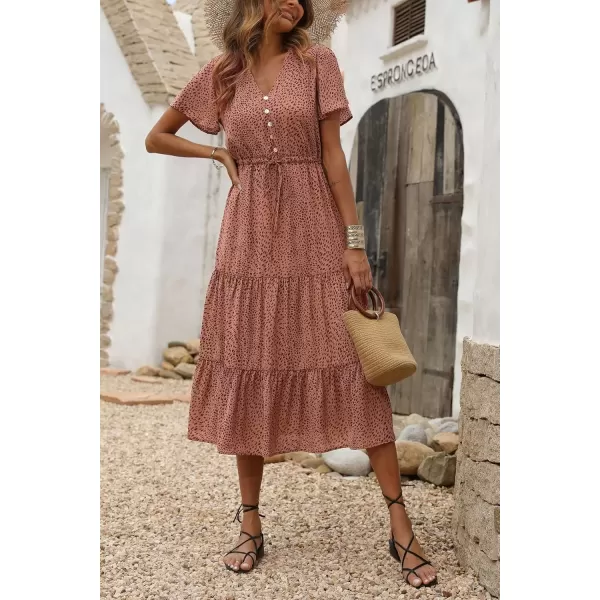 imagePRETTYGARDEN Womens Floral Boho Dress Casual Short Sleeve V Neck Ruffle Tiered 2024 Summer Swing Maxi DressesBrick Red