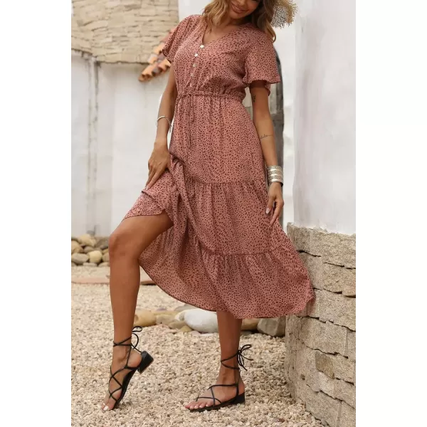 imagePRETTYGARDEN Womens Floral Boho Dress Casual Short Sleeve V Neck Ruffle Tiered 2024 Summer Swing Maxi DressesBrick Red