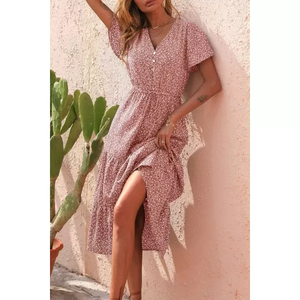 imagePRETTYGARDEN Womens Floral Boho Dress Casual Short Sleeve V Neck Ruffle Tiered 2024 Summer Swing Maxi DressesBrick Red Floral