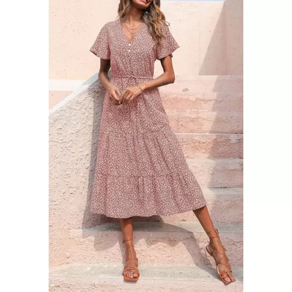 imagePRETTYGARDEN Womens Floral Boho Dress Casual Short Sleeve V Neck Ruffle Tiered 2024 Summer Swing Maxi DressesBrick Red Floral