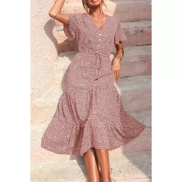 imagePRETTYGARDEN Womens Floral Boho Dress Casual Short Sleeve V Neck Ruffle Tiered 2024 Summer Swing Maxi DressesBrick Red Floral