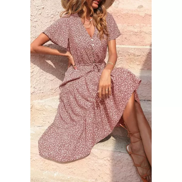 imagePRETTYGARDEN Womens Floral Boho Dress Casual Short Sleeve V Neck Ruffle Tiered 2024 Summer Swing Maxi DressesBrick Red Floral