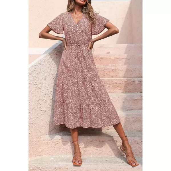 imagePRETTYGARDEN Womens Floral Boho Dress Casual Short Sleeve V Neck Ruffle Tiered 2024 Summer Swing Maxi DressesBrick Red Floral